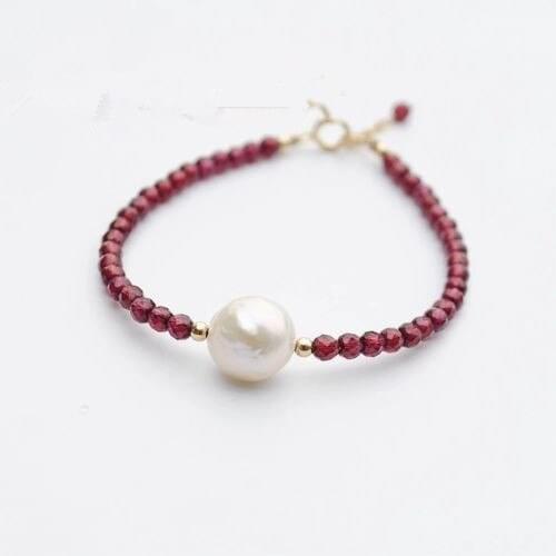 Natural Round garnet stone 3-4mm White Kasumi 10-11MM Pearl Single Strand Bracelet 925 sterling silver clasp