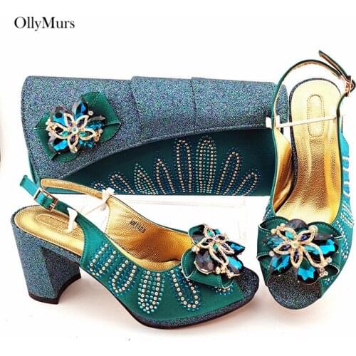 New Arrival Nigerian Elegant Woman Shoes And Bag Set Top Quality Rhinestone Square Heels Sumps Shoes And Bag Set For Party