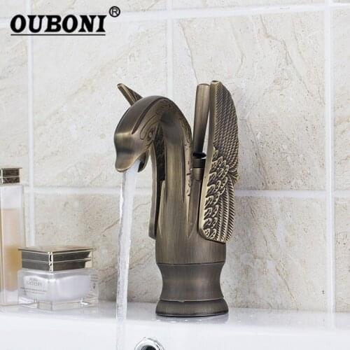OUBONI Antique Brass Swan Wing Finish Bathroom Faucet Hot Cold Mixer CounterTop Tap Bathroom Basin Sink Faucet