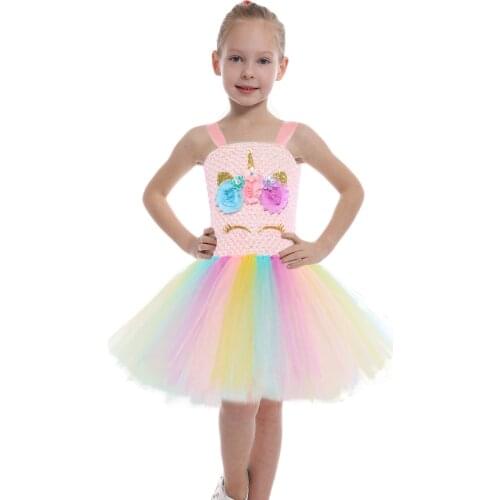 Flower Unicorn Girls Tutu Dress Kids Party Dresses with Headband Children Clothes Girls Dresses Baby Girl Birthday Photo Shoot
