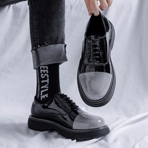 Men Office Business Casual Sewing High Platform Patent Leather Wedding Shoes Male Harajuku Korean Streetwear Vintage Derby Shoe