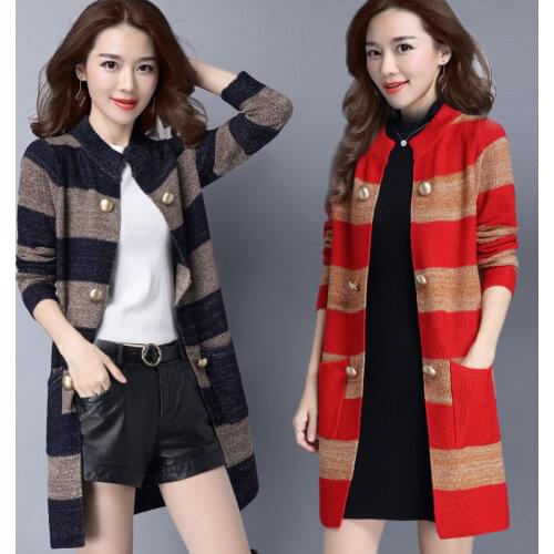 High-quality Women Autumn New Sweater Coat Women Knitted Cardigan Large size Sweater Women Striped Medium long Sweater