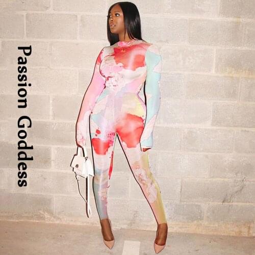 Sexy Women Skinny Tie-dye Floral Printed Jumpsuits Long Sleeve Elastic Rompers Tight Full Overalls Slim Stretchy Jumpsuit Autumn