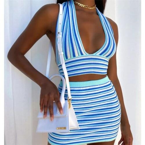 FUFUCAILLM Two-piece Striped Knitted Tracksuits Women Sexy V-neck Crop Tops + Skirt Short Dress Sets Tie Dyed Y2k Summer Outfits