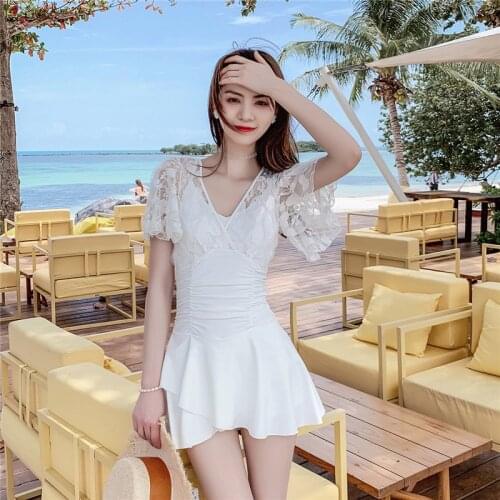 White Women One Piece Swimsuit Summer Korea Ins Vacation Skirt Short Sleeves Girl Swimsuit