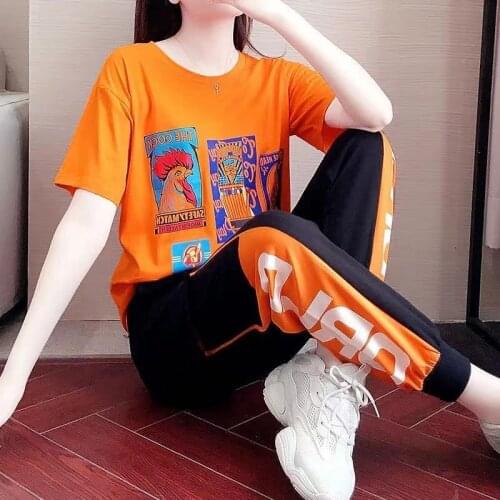Sports Suit Womens 2021 Summer Korean Version of The New Short-sleeved Running Suit Fashion Western Loose Casual Two-piece Suit