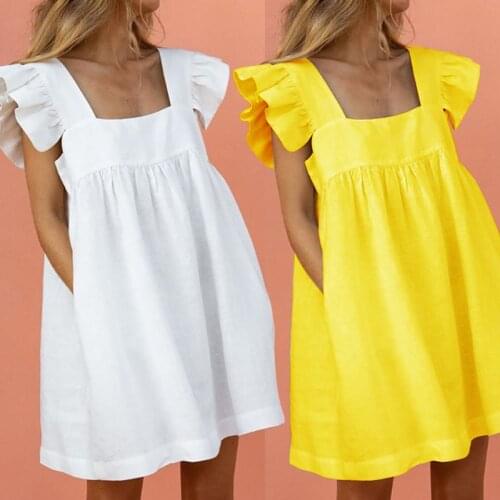 Women Summer Ruffled Basic Mini Dress Casual Loose Square Neck Ruffle Pocket Butterfly Sleeve Beach Party Short Dresses Vestidos