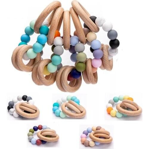 1Pc Baby Wooden Teether Bracelet BPA Free Wood Ring Colorful Silicone Teething Beads Baby Nursing Accessories Gift Baby Products