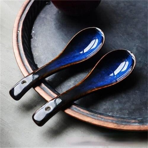 2PS Japanese Style Blue Kiln Spoon Rice Soup Spoon Glaze Color Dessert Spoon Tableware Spoon Soup Spoon