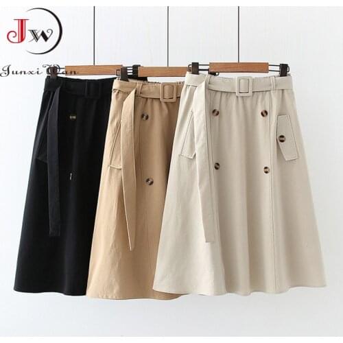 Elegant Women Summer Midi Skirt 2021 Solid High Waist With Belt Double-Breasted Casual Office Ladies A-Line Cotton Skirts Saia