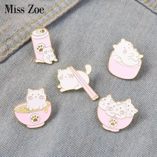 Cat and Food Enamel Pin Pink Can Chopsticks Noodle Bowl Brooches Metal Badges Bag Clothes Pins Up Jewelry Gift for Cat Lover