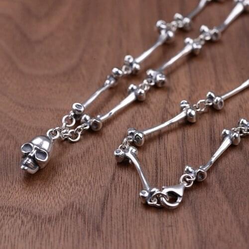 FNJ 5mm Punk Bone Skull Pendant Necklaces 925 Silver Fine Original S925 Silver Men Necklace for Jewelry Making