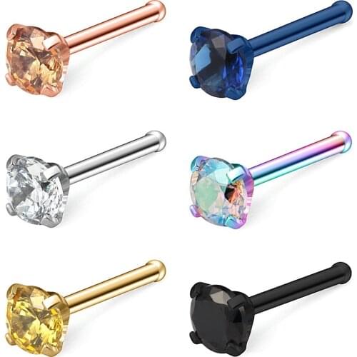 JFORYOU 6PCS 20G Surgical Steel Mix Color CZ Nose Stud Rings Bone Pin Piercing Jewelry 1.5mm 2mm 2.5mm 3mm