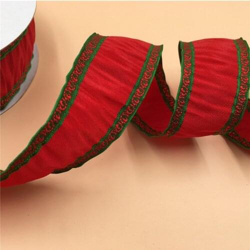 N1069 38mm X 25yards Wired Green Jacquard Edges Red Ribbon. Gift Bow,Wedding,Cake Wrap,Tree Decoration,Wreath