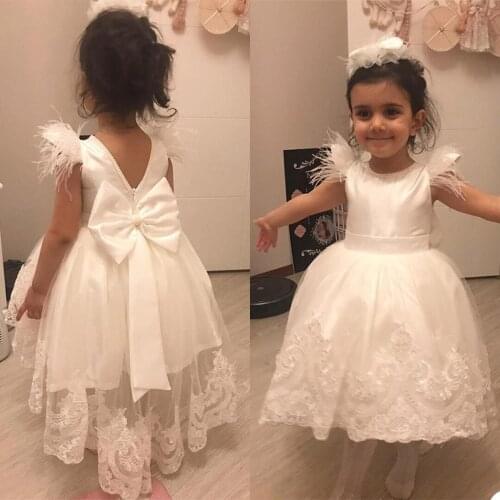 Cute White Flower Girls Dress Feather O Neck Lace Appliques Children Birthday Party Dresses A Line Wedding Prom Formal Wear
