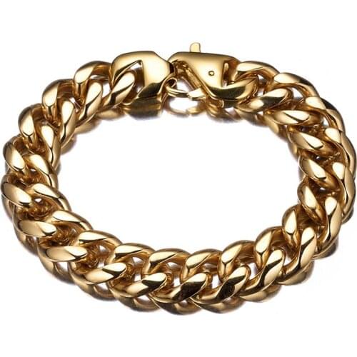 15mm Now United Men Women Bracelet Gold Color Solid Stainless Steel Chain Miami Cuba Link Punk Hip-hop Accessories Best Gift