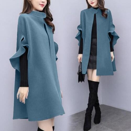 5XL Spring Women Shawl Cloak Ruffle Flare Sleeve Female Woolen Coats Fashion Loose Ladies Capes Long Waistcoat Plus Size Jackets