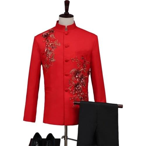 New embroidered performance dress mans dress stage slim suit suit young host chorus suit/red bridegroom suits wedding