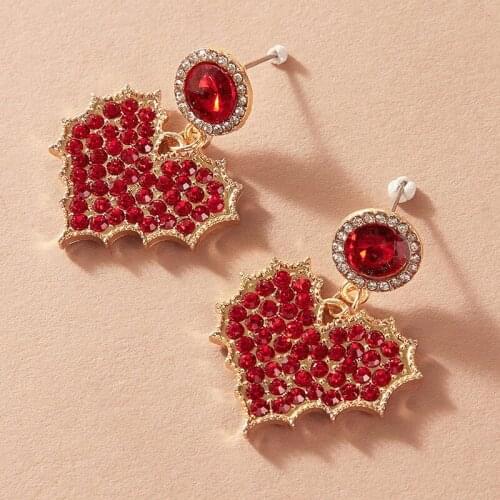 New Korean Style Red Heart Drop Dangle Earrings for Women Bridal Full Crystal Rhinestone Statement Earring Valentines Day Gift