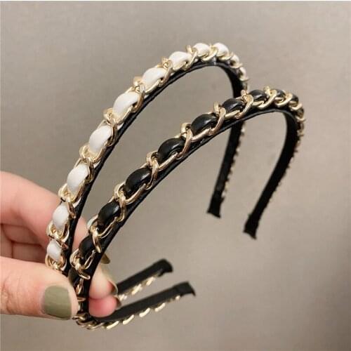 Slim Narrow Headband For Women Girl PU Leather Chains 5 Simple Camellia Hair Band Accessories Korean New Wholesale Office Gift