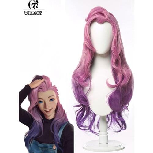 ROLECOS LOL KDA Seraphine Cosplay Wig LOL KDA The Baddest Seraphine Wig 80cm Pink Purple Headwear Women Synthetic Long Hair