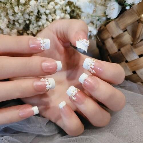 24pcs Flower Printed Nail Patch Square Head Glue Type Removable Mid Length Paragraph Fashion Manicure False Nail Patch NE