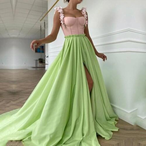 Eightale Prom Dresses 2020 Spaghetti Strap Flowers A-Line Front Split Green Graduation Dress for Party Evening robe de soire