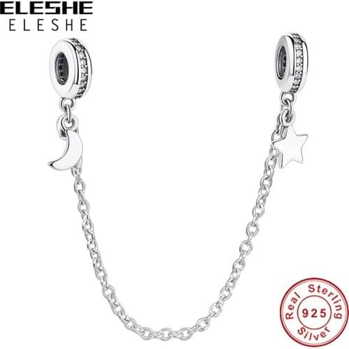 Authentic 925 Sterling Silver Stackable Moon Star Dangle Safety Chain Charm fit Charm Bracelet DIY Jewelry