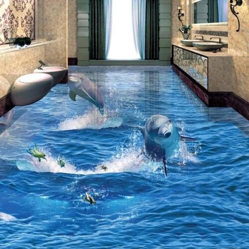 Custom 3D Wallpaper PVC Self Adhesive Waterproof Ocean Dolphin 3D Floor Sticker Mural Living Room Bathroom Floor Decor Stickers