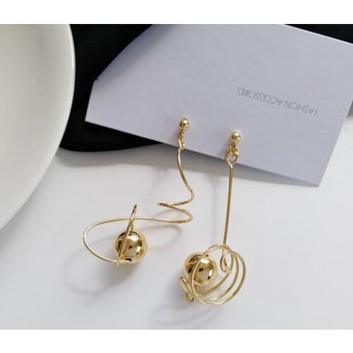 S925 needle New Asymmetrical Earrings Fashion Korean Temperament Golden Plating Wire Ball Drop Earrings For Women Jewelry Gift