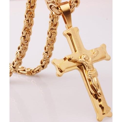 Granny Chic Christian Jesus Cross Pendant Necklaces Thick Link Byzantine Chain Stainless Steel Men Jewelry Collar Gift 18-36"