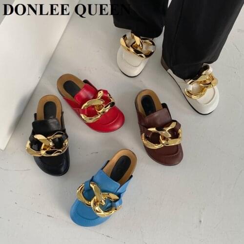 Fashion Chain Decor Slippers Women Round Toe Flats Mules Lazy Loafer Shoes Women Outdoor Slides Slip On Casual Shoes Big Size 40