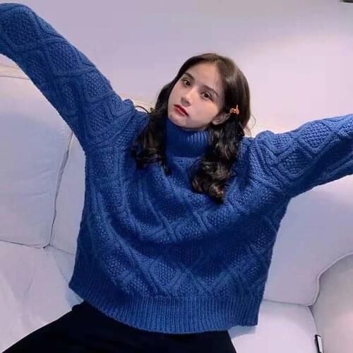 Womens Sweater Solid Color Thick Turtleneck Sweaters Female Students Fall Winter Lazy Wind Loose Twist Knit Coat Pullover Top