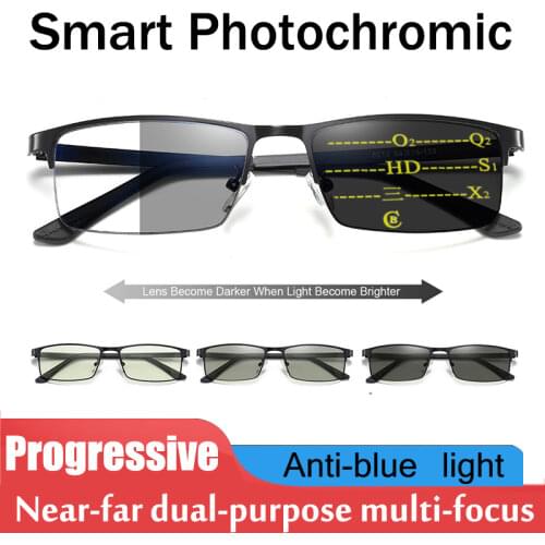High Quality Photochromic Reading Glasses Men Progressive Multifocal Resin Anti-Blue Ray Presbyopic Glasses Metal Frame