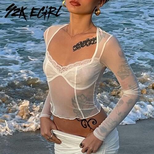 Y2K EGIRL Streetwear Y2K Patchwork Long Sleeve T-shirts 90s Vintage Square Collar Ruffles Mesh Crop Tops Summer Transparent Tees