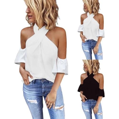Women Fashion Cold Shoulder Ruffled Sleeve Criss-cross Halter T-shirt Blouse