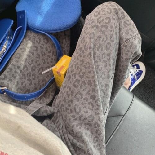 2021 New Women Autumn Long Leopard Jeans Sashes Elastic High Waist Loose Straight Wide Leg Pants Casual Trousers