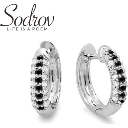 SODROV 2021 New Genuine 925 Sterling Silver Earrings Hoop Earrings for Women Black Spinel Silver 925 Jewelry I179