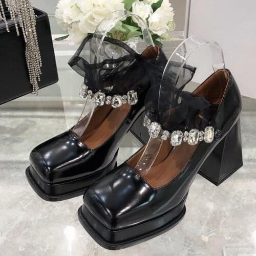 2021 Women Mary Janes High Heels Shoes Fashion Spring Autumn Female Lolita Style Shoes Ladies Square Toe String Bead Pumps