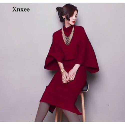 With Necklace Spring Autumn Woolen Office Ladies Skirt Set Women Batwing Sleeve Tops and Slim Elegant Party Skirts Suits Ns10