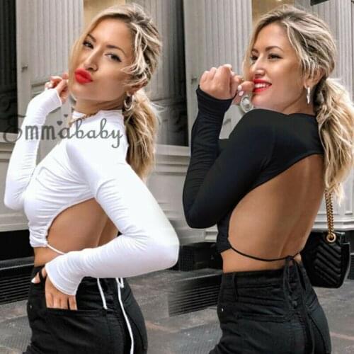 Meihuida Summer Women Sexy Open Back Backless Long Sleeve Cropped Top Summer Casual Tops White Fashion High Street Wear