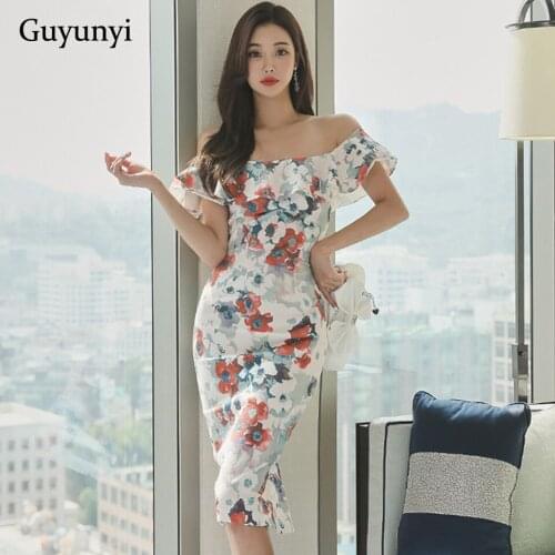Floral Elegant Party Dress 2021 Summer Sexy Card Shoulder Slash Neck Ruffle Strapless Shoulder High Waist Tight Dress Women