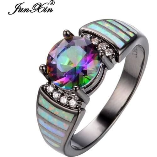 Size 6/7/8/9 Jewelry Multi-Color CZ Women Wedding Rainbow Opal Rings 10KT Black Gold Filled Engagement Ring RB0263