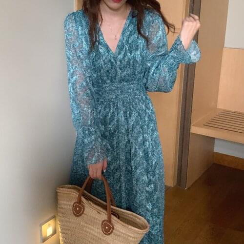 High Quality Elegant Print Long Sleeve Spring Dress Casual V-Neck Chiffon A Line Women Summer Dress Vintage Party Midi Vestidos