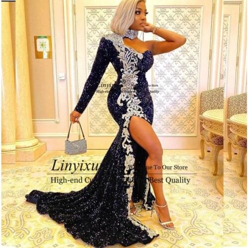 Sequins Mermaid Prom Dresses Long One Shoulder High Neck Mermaid Evening Dress African Long Sleeve High Split Robe De Soiree