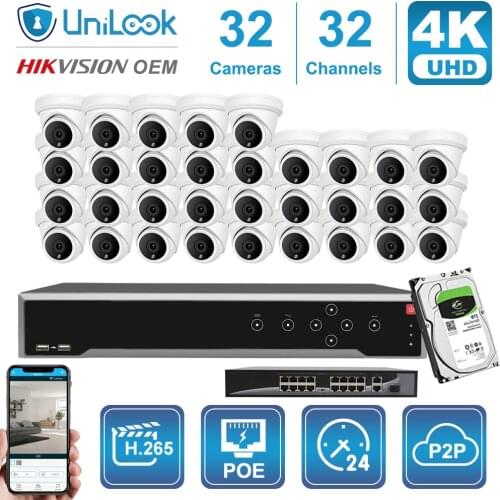 32CH 4K 8MP Turret POE IP Camera NVR Kit Outdoor CCTV Surveillance OEM Hikvision DS-7732NI-I4/16P Customized Plug&Play System