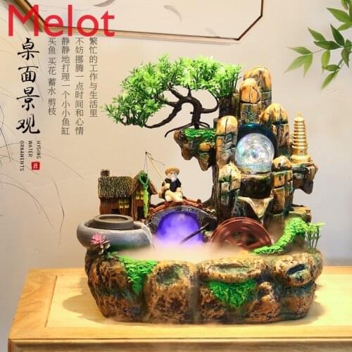 Fish Tank Living Room Artificial Mountain and Fountain Decoration Home Office Small Waterfall Fortune Feng Shui Wheel Crafts