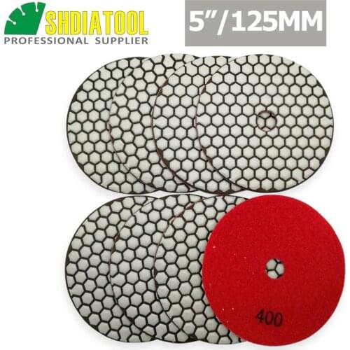 SHDIATOOL 8pcs 5" #400 B Diamond Dry Polishing Pads Diameter 5inch Resin Bond Flexible Sanding Disc For Granite Marble Ceramic