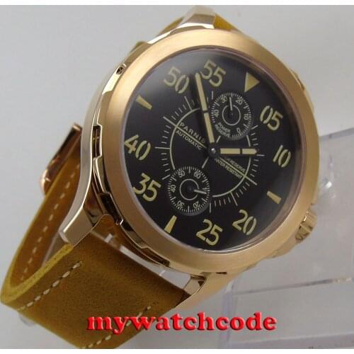 44mm Parnis black dial rose gold case Sapphire glass ST2542 Automatic Mens Watch