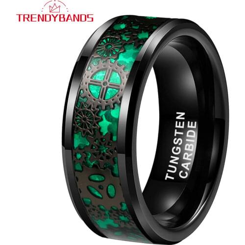 6/8MM Black Tungsten Carbide Engagement Rings For Women Men Wedding Band Green Opal Gear Inlay Comfort Fit